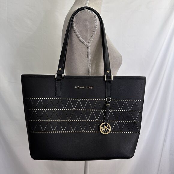 Michael Kors Jet Set Travel Tote Black With Gold Laser Cut Design Large Tote - Picture 1 of 7